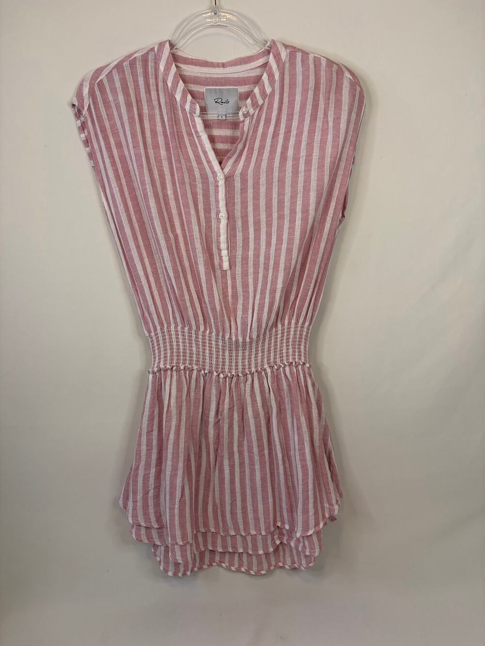 Rails Angelina Rose Stripe Mini Dress Linen Blend Smocked Pink White Size Small